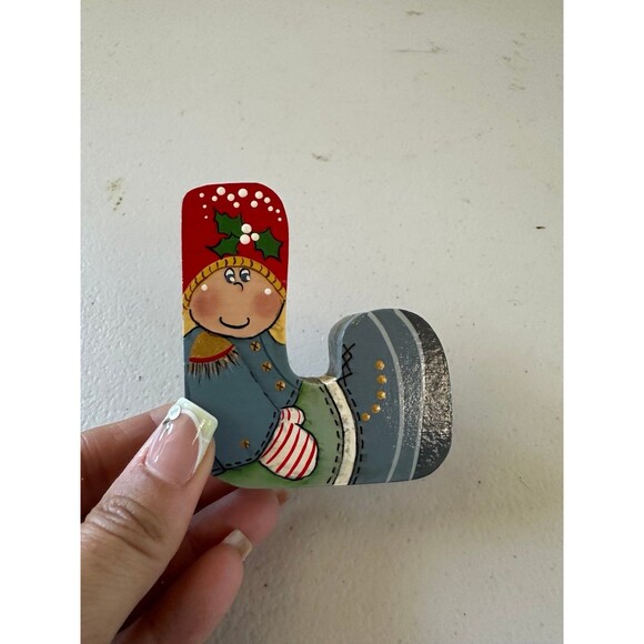 Hand Painted Two Sided Wooden Christmas Theme Decorative Shelf Sitter Letter J - Picture 2 of 2